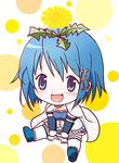  :d armband blue_eyes blue_hair cape chibi dandelion flower flower_on_head gloves hair_ornament hairclip magical_girl mahou_shoujo_madoka_magica mahou_shoujo_madoka_magica_movie miki_sayaka ohagi open_mouth petanko short_hair sitting smile solo thighhighs 