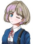  1girl bag blonde_hair blue_eyes blue_shirt closed_mouth collar commentary english_commentary glowing gokeng_(iamgokengz_) half-closed_eyes highres layered_hair looking_at_viewer love_live! love_live!_superstar!! red_rope rope school_uniform shiny_eyes shirt short_hair solo tang_keke white_background 