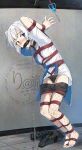  1girl bang_dream! bang_dream!_it's_mygo!!!!! bdsm bit_gag black_panties black_shorts blue_eyes bondage boots bound clothes_pull commentary_request crotch_rope fishnet_pantyhose fishnets gag gagged heterochromia highres kaname_raana panties pantyhose restrained ryou@ryou scissors sex_toy shibari shirt shorts shorts_pull single_leg_pantyhose solo underwear unworn_boots vibrator vibrator_under_clothes vibrator_under_panties white_hair white_shirt yellow_eyes 