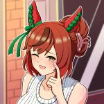  1girl animal_ears bare_shoulders blush bow breasts brown_eyes brown_hair collarbone commentary_request ear_bow ear_covers ear_ribbon green_bow hair_bun hair_ornament highres horse_ears horse_girl korean_commentary looking_at_viewer medium_breasts multicolored_hair nice_nature_(umamusume) one_eye_closed open_mouth ponytail rottenorang sleeveless sleeveless_sweater smile solo streaked_hair sweat sweater umamusume white_sweater 