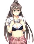  blue_eyes blush bra breasts brown_hair cleavage hentai_ouji_to_warawanai_neko. highres large_breasts long_hair navel ponytail puffy_sleeves q_q_958023 school_uniform short_sleeves solo tsutsukakushi_tsukushi underwear very_long_hair white_background 