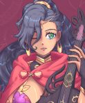  1girl absurdres blue_eyes blue_hair breasts cleavage commission commissioner_upload crescent crescent_earrings dark-skinned_female dark_skin earrings fire_emblem fire_emblem:_fortune's_weave gold_choker gold_earrings high_ponytail highres holding holding_instrument hooded_poncho instrument jewelry large_breasts leda_(fire_emblem) long_hair looking_at_viewer nkmorker non-web_source one_eye_closed ponytail red_background red_poncho solo vgen_commission 