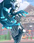  1girl absurdres ass blue_eyes blurry blurry_background breasts bright_pupils cable_hair closed_mouth commentary cowboy_shot danger_(x-men) from_behind highres humanoid_robot hvkart joints large_breasts lips long_hair looking_at_viewer looking_back marvel marvel_tokon:_fighting_souls mechanical_hair metal_skin robot robot_girl robot_joints science_fiction skin_seams solo thighs white_pupils x-men 