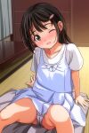  1girl absurdres ass black_eyes black_hair blush cameltoe commentary_request dress grey_panties highres indoors long_hair looking_at_viewer matsunaga_kouyou on_floor one_eye_closed open_mouth original panties pantyshot pillow shirt short_sleeves sitting solo striped_clothes striped_dress tatami thighs underwear upskirt white_shirt 