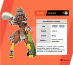  1girl :d artist_name brown_eyes brown_hair character_name character_profile commentary dark-skinned_female dark_skin deviantart_logo deviantart_username english_commentary farfetch'd feathers food full_body height high_ponytail holding holding_food holding_spring_onion holding_vegetable loincloth open_mouth orange_background personification pokedex_number pokemon pokemon_sword_and_shield ponytail revealing_clothes smile spring_onion tail taruyamame vegetable venus_symbol watermark weight 