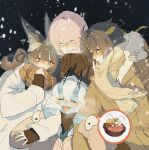  1boy 3girls absurdres animal_ears asaba_harumasa black_hair blue_eyes blunt_bangs blush closed_eyes cold commentary fox_ears fox_girl glasses hair_between_eyes hhhye_tw highres horns hoshimi_miyabi long_hair looking_at_viewer multiple_girls oni open_mouth outdoors parted_bangs pink_hair red_eyes scarf sidelocks smile snow soukaku_(zenless_zone_zero) tsukishiro_yanagi untranslatable_commentary white_hair zenless_zone_zero 