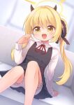  1girl black_dress blonde_hair bloomers blue_archive child commentary_request demon_girl demon_horns dress emurin fang halo highres horns ibuki_(blue_archive) knees_up light_blush long_hair long_sleeves looking_at_viewer open_mouth pleated_dress shirt sitting skin_fang solo twintails upskirt white_bloomers white_shirt yellow_halo 