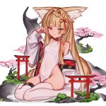  1girl animal_ears bare_shoulders bell blonde_hair blunt_bangs breasts cherry_blossoms closed_mouth commentary_request commission covered_navel fox_ears fox_girl fox_tail giant giantess hair_bell hair_ornament highres hokori_kei indie_virtual_youtuber light_smile long_sleeves looking_at_viewer mountain mrdog_2000 nail_polish pelvic_curtain red_eyes red_nails second-party_source sitting small_breasts solo stone_walkway tail thick_eyebrows thighhighs torii wariza white_thighhighs wide_sleeves 