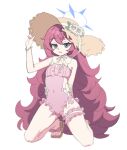  1girl arm_up bare_shoulders blue_archive brown_hat brown_sandals center_frills commentary_request flower frilled_one-piece_swimsuit frills full_body grey_eyes halo hand_on_headwear hat hat_flower iroha_(blue_archive) iroha_(swimsuit)_(blue_archive) kneeling long_hair nyaru_(nyaru_4126) one-piece_swimsuit parted_lips partial_commentary pink_one-piece_swimsuit purple_hair rose sandals simple_background solo straw_hat swimsuit very_long_hair white_background white_flower white_rose 