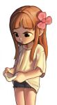  1girl 482egg :o black_eyes black_shorts borrowed_character brown_hair commentary commission cowboy_shot flower hair_flower hair_ornament holding holding_shirt holding_unworn_clothes looking_down original shirt shorts sidelighting solo unworn_shirt white_background white_shirt 