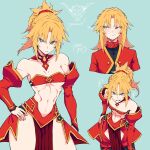  1girl bandeau bare_shoulders black_shirt blonde_hair braid breasts commentary detached_collar detached_sleeves english_commentary fate/apocrypha fate/grand_order fate_(series) green_eyes hand_on_own_hip highres jeffraeson medium_hair midriff mordred_(fate) mordred_(fate/apocrypha) mordred_(third_ascension)_(fate) navel pelvic_curtain red_bandeau shirt small_breasts smile stomach toned toned_female underboob 