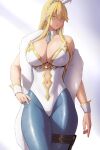  1girl ahoge animal_ears artoria_pendragon_(fate) artoria_pendragon_(lancer)_(fate) artoria_pendragon_(swimsuit_ruler)_(fate) artoria_pendragon_(swimsuit_ruler)_(first_ascension)_(fate) bare_shoulders blonde_hair blue_pantyhose blush braid breasts cleavage clothing_cutout commentary detached_collar english_commentary fate/grand_order fate_(series) fishnet_pantyhose fishnets full_cleavage fur_shawl gold_trim green_eyes hair_between_eyes highleg highleg_leotard highres large_breasts leotard long_hair looking_at_viewer lvl_(sentrythe2310) navel navel_cutout necktie pantyhose playboy_bunny plunging_neckline ponytail rabbit_ears shawl sidelocks solo thighs tiara white_leotard wrist_cuffs 