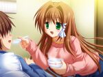  1boy 1girl :d arched_back bent_over blanket blue_pajamas blue_skirt bowl brown_hair calendar_(object) clover_point door faceless faceless_male game_asset green_eyes hair_intakes hair_over_eyes hair_ribbon hands_up holding holding_bowl holding_spoon inamori_mahoshi indoors long_hair long_sleeves looking_at_another lying non-web_source on_back on_bed open_mouth pajamas pillow pink_sweater ribbon rice_bowl self-datamine skirt smile spoon sweater tress_ribbon under_covers white_ribbon yuyi 