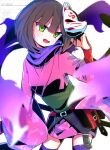  1girl absurdres belt_pouch brown_hair commentary_request cowboy_shot fox_mask green_eyes hair_between_eyes highres japanese_clothes kimono konyak9konnya9 mask mask_on_head ninja odaibako open_mouth pink_kimono pouch purple_scarf purple_thighhighs scarf sekaiju_no_meikyuu sekaiju_no_meikyuu_3 shinobi_(sekaiju) shinobi_4_(sekaiju) short_hair short_kimono solo thighhighs zettai_ryouiki 