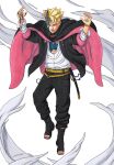  1boy artbyolvr belt black_cloak blonde_hair boruto:_two_blue_vortex boruto_(series) bracelet brown_belt byakugan cloak collared_cloak extra_eyes facial_mark full_body hand_eye highres horns jewelry karma_(naruto) male_focus naruto_(series) necklace official_style one_eye_closed open-toe_boots parted_lips purple_eyes scar scar_across_eye scar_on_face shirt single_horn sleeves_rolled_up smile solo undercut uzumaki_boruto white_shirt 