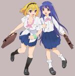  2girls absurdres asdf_4532 bag black_hair black_hairband black_shoes black_skirt black_socks blonde_hair bow bowtie breasts brown_bag cleavage clothing_cutout commentary fang full_body furude_rika green_scrunchie grey_background hairband highres higurashi_no_naku_koro_ni holding holding_bag houjou_satoko kneehighs loafers locked_arms looking_at_viewer midriff_peek multiple_girls open_mouth pink_bow pink_bowtie pleated_skirt purple_eyes school_bag school_uniform scrunchie shirt shoes simple_background skirt socks st._lucia_academy_school_uniform white_shirt white_socks wrist_scrunchie 
