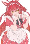  1girl absurdres ahoge animal_ears apron black_bow blunt_bangs blunt_ends blush bow closed_mouth commentary_request dress employee_uniform fast_food_uniform four-finger_heart_hands frills hair_between_eyes hairband heart heart_hands highres horse_ears horse_girl kfc long_hair looking_at_viewer official_alternate_costume red_desire_(umamusume) red_dress red_hair red_hairband red_headdress red_nails red_veil reishi_(litvyak) short_sleeves smile solo striped_clothes striped_dress umamusume veil vertical-striped_clothes vertical-striped_dress waist_apron white_apron white_wrist_cuffs wrist_cuffs yellow_eyes 