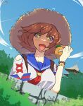  +_+ absurdres blue_sky clothing_cutout hat highres horse_girl internetducky matikanefukukitaru_(rising_fortune)_(umamusume) matikanefukukitaru_(umamusume) orange_hair red_ribbon ribbon sailor school_uniform shoulder_cutout sky straw_hat umamusume yellow_eyes 