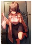  1girl apartment asymmetrical_bangs bag black_hair black_shoes black_skirt breasts brown_coat cetus_kkk closed_eyes closed_mouth coat commentary_request dated door grocery_bag hair_over_one_eye holding holding_bag indoors looking_down ningyo_hime_(sinoalice) office_lady pencil_skirt removing_shoes shirt shoes shopping_bag sidelocks sinoalice skirt smile solo white_shirt 