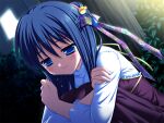  1girl blue_eyes blue_hair closed_mouth clover_point crying dress dutch_angle floral_print game_asset grass hair_bun hair_ornament hair_ribbon half-closed_eyes half_updo hands_on_own_arms hugging_own_legs kashiwagi_tsukine long_hair looking_down night non-web_source outdoors purple_dress ribbon self-datamine shirt teardrop tears three-quarter_sleeves tree turtleneck white_shirt window yuyi 