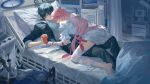  1boy 1girl absurdres bandaged_arm bandaged_leg bandages barefoot bed black_hair black_jacket black_pants changli_(wuthering_waves) closed_eyes colored_extremities commentary english_commentary feather_hair girl_on_top grey_shirt highres holding_hands hospital hospital_bed indoors interlocked_fingers jacket long_hair looking_at_another lying male_rover_(wuthering_waves) multicolored_hair off_shoulder on_back on_bed pants parted_lips pink_hair red_hands rover_(wuthering_waves) ruoruoqiu shirt streaked_hair syringe white_shirt wuthering_waves 