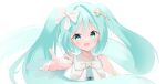  1girl absurdres aqua_eyes aqua_hair aqua_nails aqua_shirt baegwol_1128 blush bow commentary detached_sleeves dress hair_between_eyes hair_bow hair_ornament hatsune_miku highres hiramado_miku kowareta_sekai_to_utaenai_miku long_hair long_sleeves looking_at_viewer official_alternate_costume official_alternate_hairstyle open_mouth project_sekai reaching reaching_towards_viewer shirt skirt sleeveless sleeveless_dress smile solo spoilers twintails upper_body very_long_hair vocaloid white_bow x_hair_ornament 