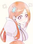  1girl bleach bleach:_sennen_kessen-hen blush breasts brown_eyes cleavage closed_mouth eyelashes hair_behind_ear hair_ornament hairclip highres inoue_orihime large_breasts long_hair n_(nauki_11) official_alternate_costume orange_hair puff_of_air puffy_sleeves simple_background snowflake_hair_ornament solo upper_body 