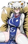  1girl :p alternate_breast_size_(larger) animal_hat artist_name bilingual_commentary blonde_hair blue_tabard blush breasts closed_mouth commentary covered_nipples cowboy_shot dress english_commentary fox_girl fox_tail hair_between_eyes hat heavy_breathing highres huge_breasts kinoshii-shroom kitsune kyuubi long_sleeves looking_at_viewer mixed-language_commentary mob_cap multiple_tails no_panties pelvic_curtain pom_pom_(clothes) short_hair sidelocks simple_background sitting slit_pupils smile solo split_mouth spread_legs tabard tail thighhighs thighs tongue tongue_out touhou twitter_username white_background white_dress white_hat white_thighhighs white_trim yakumo_ran yellow_eyes 
