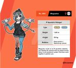  1girl artist_name asymmetrical_gloves asymmetrical_legwear baseball_cap black_overalls blue_eyes blue_gloves blue_pantyhose cable character_name character_profile collarbone commentary deviantart_logo deviantart_username elbow_gloves engineer english_commentary english_text fingerless_gloves full_body gloves grey_hair hair_over_one_eye hat height heterochromia lightning_bolt_symbol looking_at_viewer magnet magneton mismatched_gloves off-shoulder_shirt off_shoulder orange_background overall_shorts overalls pantyhose personification pokedex_number pokemon pokemon_sword_and_shield red_eyes red_gloves red_pantyhose screw shirt smile taruyamame watermark weight 