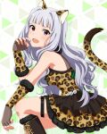  1girl :d animal_ears animal_print boots breasts brown_boots card_commentary commentary_request dress fake_animal_ears fake_tail fingerless_gloves frilled_dress frills game_asset gaogao_leopard_(idolmaster) gloves hand_up idolmaster idolmaster_(classic) idolmaster_million_live! idolmaster_million_live!_theater_days lace-up_boots leopard_ears leopard_print leopard_tail long_hair looking_at_viewer official_alternate_costume official_art open_mouth pink_eyes print_dress print_gloves shijou_takane short_dress sitting sleeveless sleeveless_dress smile solo tail thigh_strap third-party_source white_hair 