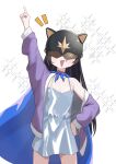  1girl :d absurdres black_hair blue_cape cape dress goddess_of_victory:_nikke grey_dress helmet highres index_finger_raised jacket jusedal long_hair notice_lines open_mouth pointing pointing_up purple_hair purple_jacket smile solo syuen_(nikke) syuen_(young)_(nikke) white_background 