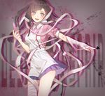  apron bandages blush brown_hair danganronpa drooling holding holding_syringe io_(sinking=carousel) long_hair open_mouth outstretched_arm purple_eyes skirt smile solo super_danganronpa_2 syringe tsumiki_mikan very_long_hair 