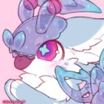  animal artist_name blush commentary english_commentary mew_mew_chikorita_moon no_humans original pink_background pokemon portrait purple_eyes simple_background solo star_(symbol) symbol-shaped_pupils tail teeth tongue tongue_out two-tone_fur white_fur 