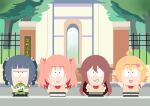  1boy 3girls :d ahoge albertina_the_2nd arikawa_hime armband arms_at_sides arms_up blunt_bangs bow bowtie breasts brown_sweater_vest circle_hair_ornament closed_mouth commentary_request crossdressing crossdressing_(mtf) drill_hair everyone fence full_body gate grin hair_ribbon himegoto holding holding_stuffed_toy iron_fence jitome lineup long_hair looking_at_viewer magyorubo medium_breasts miniskirt multiple_girls open_mouth outdoors parody pink_hair pumomo_(saito80276259) red_armband red_bow red_bowtie red_ribbon ribbon sadako_(himegoto) shimoshina_touya short_hair side-by-side sidelocks skirt smile south_park south_park_(style) standing straight-on stuffed_animal stuffed_frog stuffed_toy style_parody sweater_vest trap tree twin_drills twintails two_side_up v-shaped_eyebrows very_long_hair 