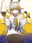  1girl absurdres arknights bare_shoulders bead_necklace beads blush bowl closed_mouth collarbone commentary dragon_girl dragon_horns earrings feeding_viewer hair_between_eyes highres holding holding_bowl horns jewelry long_hair looking_at_viewer necklace pointy_ears rice_bowl secret1122 shu_(arknights) smile solo spoon strapless tassel tassel_earrings tube_top white_hair white_tube_top 