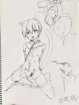  1boy animal_ears arms_behind_back artist_name belt_collar blush bound bound_thighs bulge cat_ears cat_tail chain chain_leash chastity_cage collar commentary_request cross-section detached_collar greyscale groin hair_between_eyes hakuyagen_(yoronbi) harmful_spikes highres kneeling kuri_(neko_shota_ten) leash lock looking_at_viewer male_focus monochrome neckerchief neko_shota_ten_(hakuyagen) nipple_piercing nipple_rings nipples no_shoes orgasm_denial padlock padlocked_chastity_cage penis photo_(medium) piercing ring_piercing sailor_collar saliva short_hair short_shorts shorts sidelocks signature sketch socks spread_legs spreader_bar tail testicles tongue_piercing traditional_media unfinished 