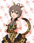  1girl ahoge animal_ears animal_print arm_strap braid breasts brown_hair card_commentary commentary_request cowboy_shot dress fake_animal_ears fake_tail fingerless_gloves frilled_dress frills fur_collar game_asset gaogao_leopard_(idolmaster) gloves green_eyes hand_up idolmaster idolmaster_million_live! idolmaster_million_live!_theater_days leopard_ears leopard_print leopard_tail looking_to_the_side official_alternate_costume official_art open_mouth print_dress print_gloves sakuramori_kaori short_dress short_hair sideways_glance sleeveless sleeveless_dress solo standing tail third-party_source 