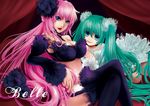  artist_name belle blue_eyes detached_sleeves garter_straps green_hair hatsune_miku highres lips long_hair megurine_luka multiple_girls pink_hair sitting smile thighhighs twintails very_long_hair vocaloid 