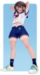  1girl :d absurdres alternate_costume armpits arms_behind_head arms_up atelierorca bandaid bandaid_on_arm bandaid_on_face bandaid_on_leg bandaid_on_nose black_hair black_socks blue_background blue_eyes blue_sailor_collar blue_shorts border breasts commentary_request crop_top cropped_shirt full_body groin hair_between_eyes highres hololive medium_breasts midriff navel neckerchief oozora_subaru open_fly open_mouth red_neckerchief sailor_collar school_uniform serafuku shirt shoes short_hair short_shorts short_sleeves shorts sidelocks simple_background smile sneakers socks solo standing swept_bangs tan tanlines teeth upper_teeth_only virtual_youtuber white_border white_serafuku white_shoes 