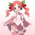  1girl blush boots collared_shirt commentary_request cosplay detached_sleeves food-themed_hair_ornament gochuumon_wa_usagi_desu_ka? hair_ornament hatsune_miku hatsune_miku_(cosplay) highres long_hair natsu_megumi necktie open_mouth pink_eyes pink_necktie pink_skirt pleated_skirt red_hair sakura_miku sakura_miku_(cosplay) sakuzo shirt skirt sleeveless sleeveless_shirt smile solo thighhighs twintails variant_set vocaloid 