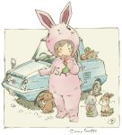  1girl animal animal_costume blue_car blush border box car cardboard_box carrot commentary cony_guppy eating food_in_mouth highres holding holding_carrot mima_nonoka motor_vehicle outside_border pickup_truck rabbit rabbit_costume sekihan signature solo standing truck vehicle_name white_border zesshaka!_shiritsu_yotsuwa_joshi_gakuin_zetsumetsu_kigu-sha_gakka 