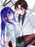  1boy 1girl alternate_costume black_pantyhose blush breasts brown_hair cleavage collared_shirt couple crossover earrings english_commentary gloves hair_between_eyes hetero highres holding honkai:_star_rail honkai_(series) hoop_earrings jewelry large_breasts leaning_back leaning_forward light_smile long_hair looking_at_viewer looking_to_the_side lucilla_(wuthering_waves) mr._reca_(honkai:_star_rail) multicolored_hair necktie pantyhose partially_fingerless_gloves purple_eyes purple_hair red_eyes sanya_(sanya_lox228) shirt simple_background skirt sleeves_rolled_up wavy_hair white_background white_gloves white_shirt wuthering_waves 