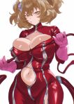  1girl absurdres alternate_costume alternate_hairstyle anis_(nikke) anis_(star)_(nikke) areola_slip belly bodysuit breasts brown_eyes brown_hair catsuit commentary cosplay english_commentary full-length_zipper gloves goddess_of_victory:_nikke highres hirosenpai holding holding_whip huge_breasts latex latex_bodysuit looking_at_viewer navel panther_(persona_5) persona persona_5 pink_gloves red_bodysuit short_hair short_twintails solo takamaki_ann takamaki_ann_(cosplay) twintails undersized_clothes whip white_background zipper 