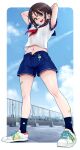  1girl :d absurdres alternate_costume armpits arms_behind_head arms_up atelierorca bandaid bandaid_on_arm bandaid_on_face bandaid_on_leg bandaid_on_nose black_hair black_socks blue_eyes blue_sailor_collar blue_shorts blue_sky border breasts cloud commentary_request crop_top cropped_shirt day full_body groin hair_between_eyes highres hololive medium_breasts midriff navel neckerchief oozora_subaru open_fly open_mouth outdoors red_neckerchief sailor_collar school_uniform serafuku shadow shirt shoes short_hair short_shorts short_sleeves shorts sidelocks sky smile sneakers socks solo standing swept_bangs teeth upper_teeth_only virtual_youtuber white_border white_serafuku white_shoes 