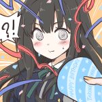  !? 1girl @_@ abstract_background black_hair blue_dress blush closed_mouth commentary dress green_ribbon hair_between_eyes happy_birthday holding holding_party_popper inoue_takina long_hair looking_at_viewer lycoris_recoil lycoris_uniform minazumi72 neck_ribbon orange_background party_popper ribbon small_sweatdrop solo_focus spoken_interrobang streamers surprised upper_body yellow_nails 