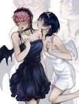  2girls absurdres alien_stage angel_and_devil averting_eyes bea_illust black_choker black_dress black_hairband black_wings breasts choker cleavage closed_eyes commentary demon_wings dress frilled_hairband frills hair_ribbon hairband hand_on_another's_neck highres mizi_(alien_stage) multiple_girls official_alternate_costume ribbon sleeveless sleeveless_dress sua_(alien_stage) white_background white_dress white_ribbon white_wings wings yellow_eyes zoom_layer 