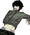  1boy bandaged_hand bandages belt black_belt black_hair blush chongfeng235 covering_own_mouth curled_fingers degrees_of_lewdity double-parted_bangs fingernails from_below green_eyes green_pants green_sweater hair_between_eyes hand_on_own_chin highres kylar_(degrees_of_lewdity) kylar_(male)_(degrees_of_lewdity) long_sleeves looking_at_viewer lower_eyelashes_only lying male_focus midriff navel on_back pants short_hair simple_background sleeves_past_wrists solo sweater turtleneck turtleneck_sweater white_background 