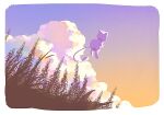  border cloud cumulonimbus_cloud dusk field floating from_behind grass highres mew_(pokemon) no_humans outdoors pokemon pokemon_(creature) pokemon_focus seta629211 solo white_border 