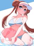  1girl aqua_bikini ball bare_shoulders beachball bikini blue_eyes breasts brown_hair cleavage collarbone commentary_request double_bun hair_between_eyes hair_bun highres holding holding_ball holding_beachball large_breasts looking_at_viewer navel parted_lips pokemon pokemon_black_2_and_white_2 rosa_(pokemon) side-tie_bikini_bottom sitting solo stomach string_bikini striped_bikini striped_clothes suo_(esu) swimsuit thighs visor_cap 