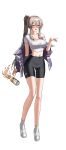 1girl absurdres alternate_costume alternate_hairstyle bike_shorts black_shorts blush breasts brown_eyes can collarbone commentary crop_top cropped_shirt drink_can drooling drunk full_body goddess_of_victory:_nikke grey_hair hair_between_eyes high_ponytail highres jacket jacket_partially_removed large_breasts long_hair long_sidelocks mouth_drool navel open_mouth ponytail purple_jacket scarlet_(nikke) shirt shorts sidelocks smile solo untranslatable_commentary very_long_hair white_background white_shirt yohwa 